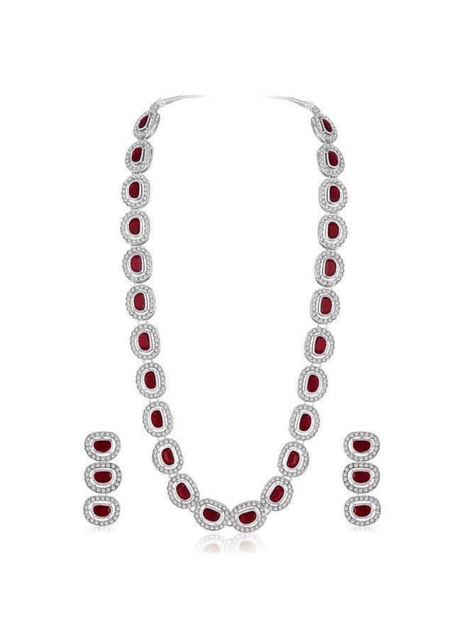 Peora Silver Plated Maroon Cubic Zirconia & Synthetic Stone Studded Necklace Drop Earrings Set Stylish Fashion Jewellery for Women & Girls - Image 1