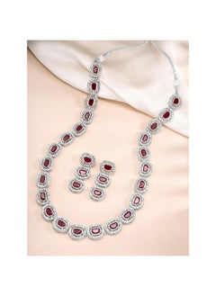 PEORA Peora Silver Plated Maroon Cubic Zirconia & Synthetic Stone Studded Necklace Drop Earrings Set Stylish Fashion Jewellery for Women & Girls  - Image 3
