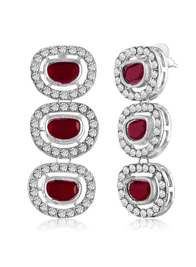 Peora Silver Plated Maroon Cubic Zirconia & Synthetic Stone Studded Necklace Drop Earrings Set Stylish Fashion Jewellery for Women & Girls - Image 5
