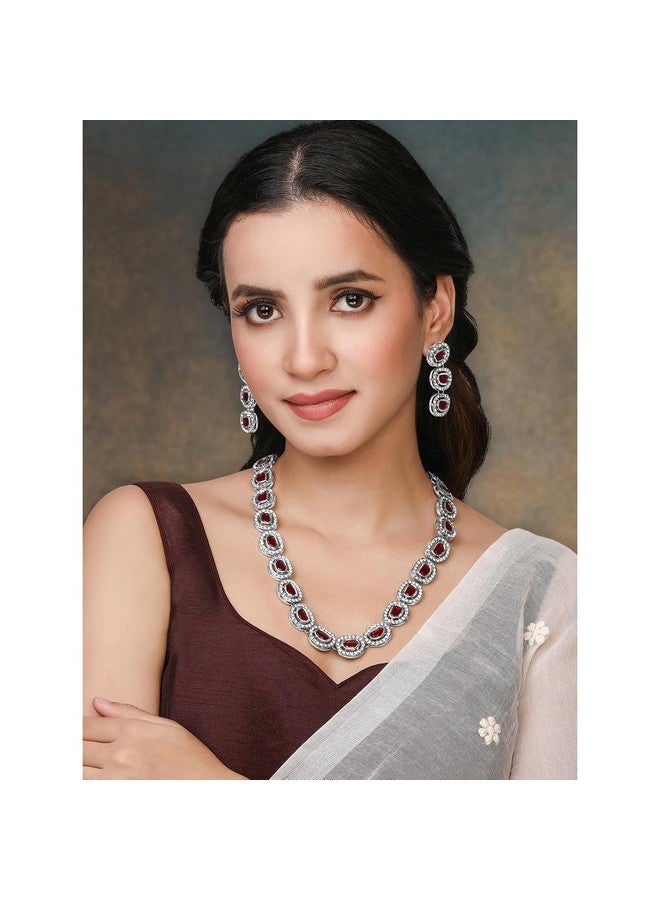 Peora Silver Plated Maroon Cubic Zirconia & Synthetic Stone Studded Necklace Drop Earrings Set Stylish Fashion Jewellery for Women & Girls - Image 2