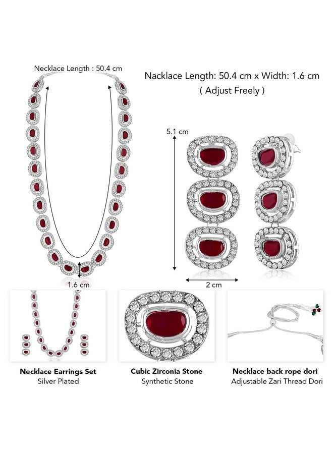 Peora Silver Plated Maroon Cubic Zirconia & Synthetic Stone Studded Necklace Drop Earrings Set Stylish Fashion Jewellery for Women & Girls - Image 4