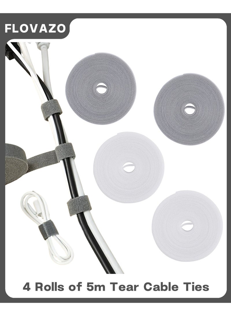 FLOVAZO 4 Rolls of 5m Reusable Hand Tear Cable Ties - Multi-Purpose Organizer for Charging Headset Computer Cables Home Office, (Gray andWhite) - Image 1