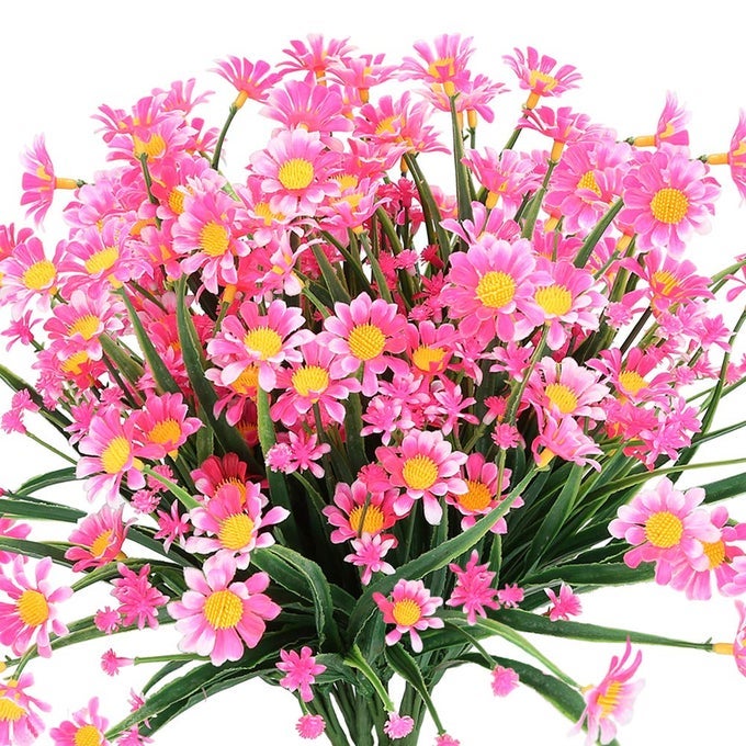 ARTIFICIAL DAISIES FLOWERS OUTDOOR UV RESISTANT 4 BUNDLES FAKE FOLIAGE GREENERY FAUX PLANTS SHRUBS PLASTIC BUSHES FOR WINDOW BOX HANGING PLANTER FARMHOUSE INDOOR OUTSIDE DECORPINK