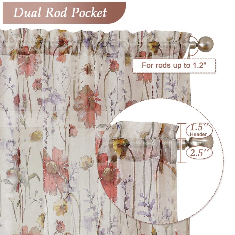 Lecloud Crushed Sheer Curtains 84 Inches Long 2 Panels, Airy Light Filtering Voile Floral Curtains for Living Room, Rod Pocket Romantic Window Curtain Drapes for Bedroom Dining Room, 42" W x 84" L - Image 2