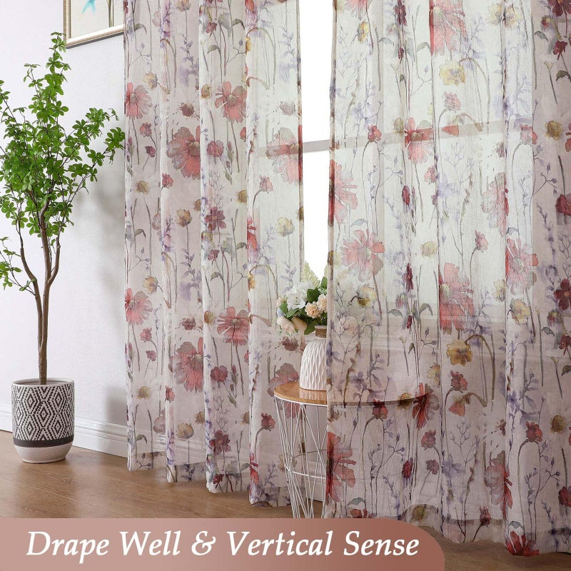 Lecloud Crushed Sheer Curtains 84 Inches Long 2 Panels, Airy Light Filtering Voile Floral Curtains for Living Room, Rod Pocket Romantic Window Curtain Drapes for Bedroom Dining Room, 42" W x 84" L - Image 5