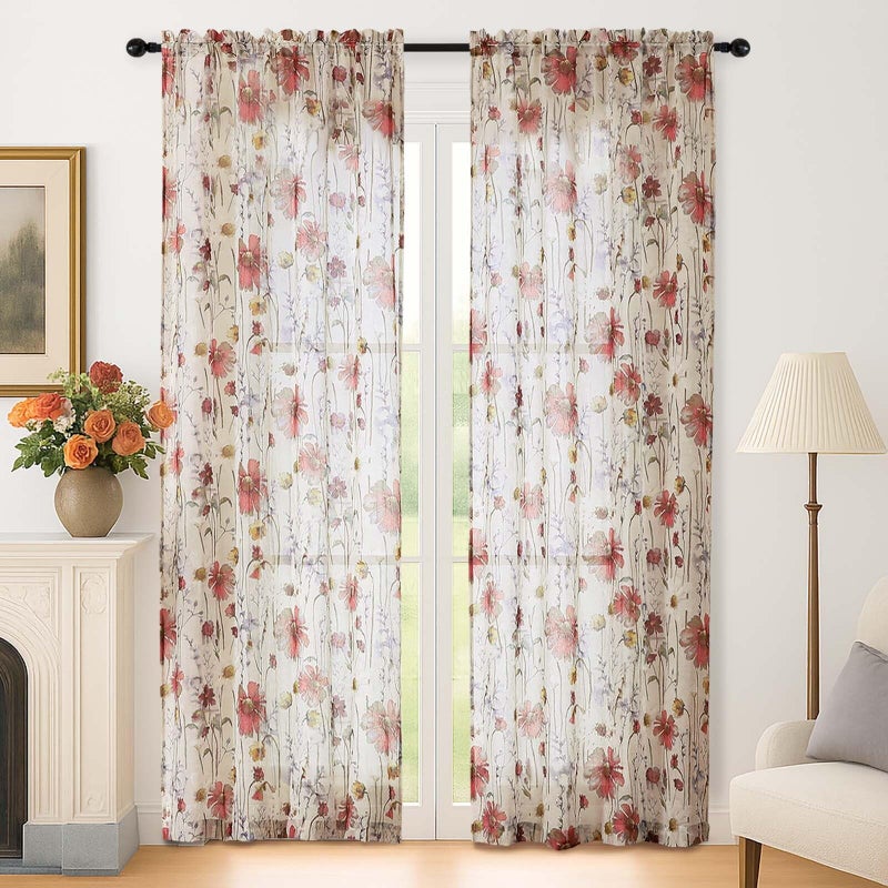 Lecloud Crushed Sheer Curtains 84 Inches Long 2 Panels, Airy Light Filtering Voile Floral Curtains for Living Room, Rod Pocket Romantic Window Curtain Drapes for Bedroom Dining Room, 42" W x 84" L - Image 1