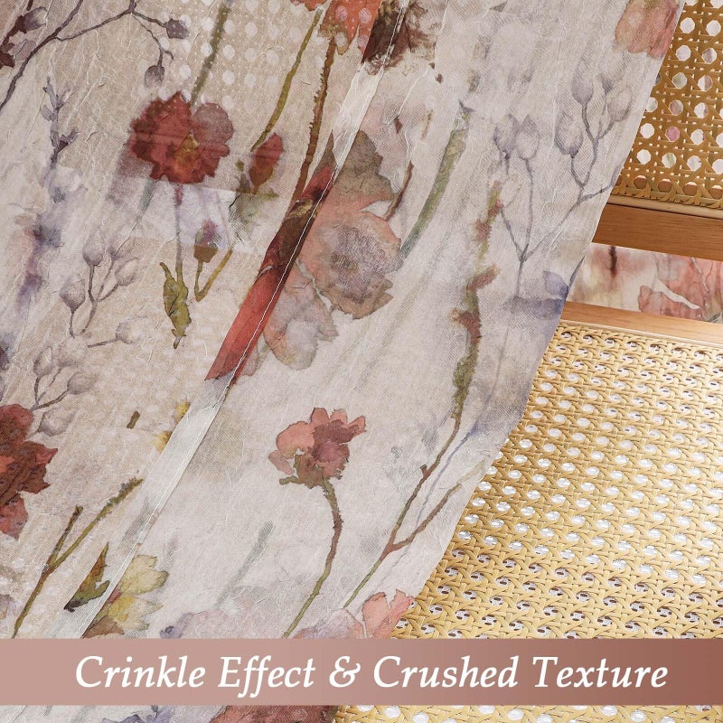 Lecloud Crushed Sheer Curtains 84 Inches Long 2 Panels, Airy Light Filtering Voile Floral Curtains for Living Room, Rod Pocket Romantic Window Curtain Drapes for Bedroom Dining Room, 42" W x 84" L - Image 3