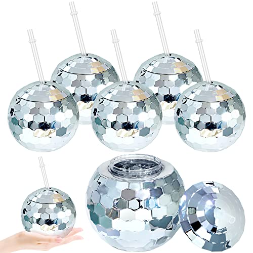 Breroa 6Piece Disco Ball Cup Set with Lid Straw  Sparkly Glitter  20oz Mirrored Cocktail Drink Tumblers for Disco Bar Party Supplies Silver