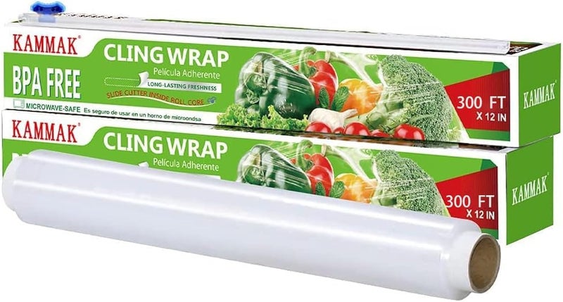 KAMMAK KAMMAK Plastic Wrap Food Wrap with Slide Cutter Cling Wrap 12 inch Food Service Clear Cling Film 2 Pack 300 Square FT Roll BPAFree MicrowaveSafe Kitchen Wrap Quick Cut Plastic Film 