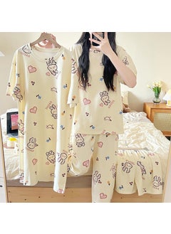Summer Cartoon Short Sleeve Pajama Set for Women Love rabbit four-piece set# rice white