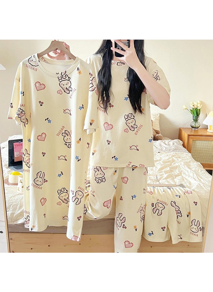 Generic - Summer Cartoon Short Sleeve Pajama Set for Women Love rabbit four-piece set# rice white - Image 1