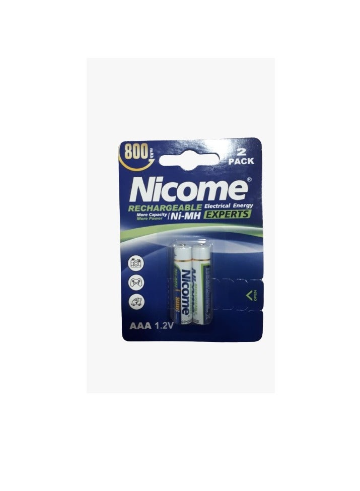 Nicome AAA Rechargeable 800mAh Battery Pack of 2 