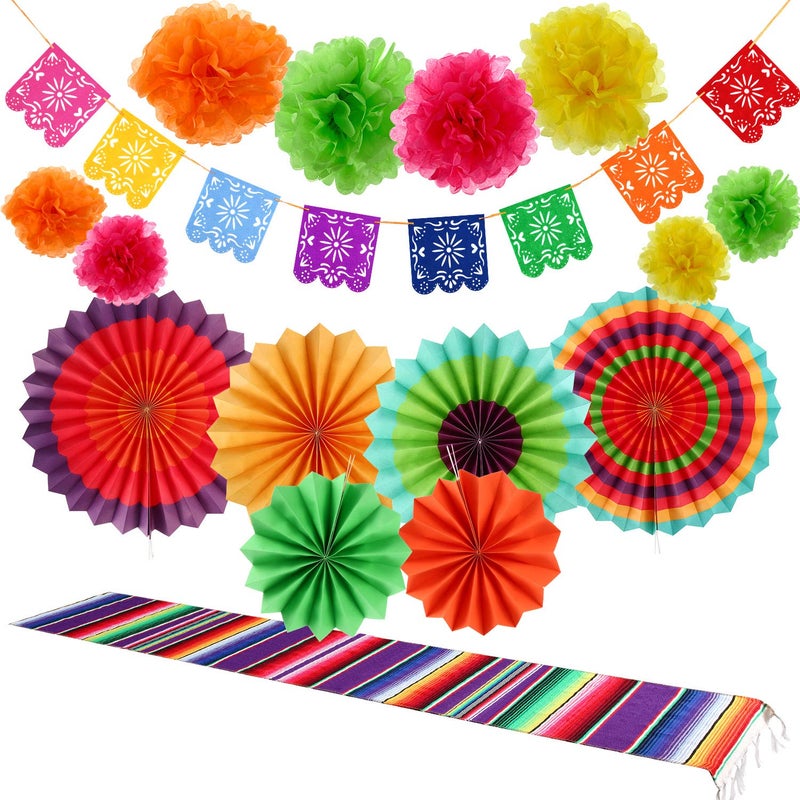 16 Pieces Fiesta Party Decorations Hispanic Heritage Month Decorations 1 Serape Table Runner 6 Colorful Paper Fans Round Wheel Disc 8 Pom Poms Flowers 1 Felt Papel Picado Banner for Cinco De Mayo