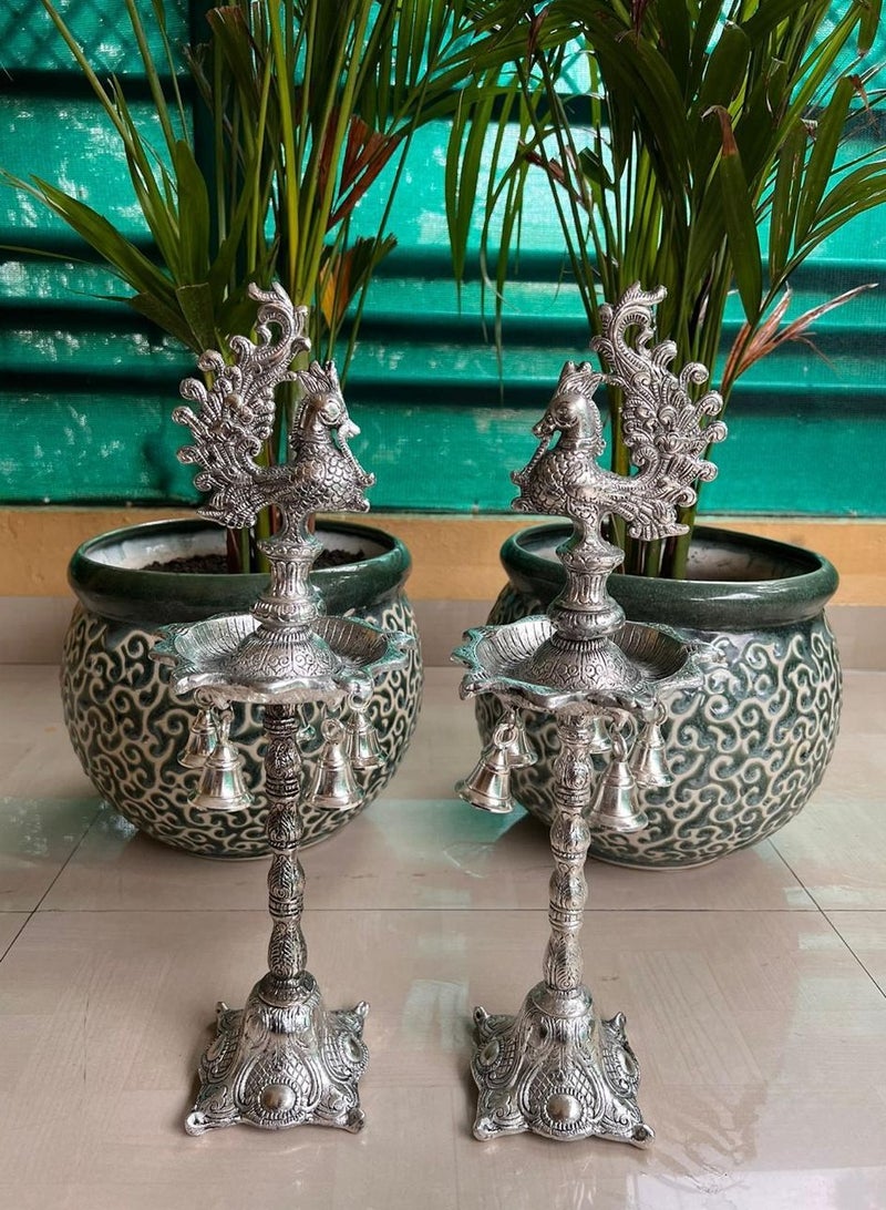 18 inch Peacock Handle German Silver Diya Lamp Deepam Samai for Home Puja Decor, Size is 18 inches./Diwali decor/Ganpati decor