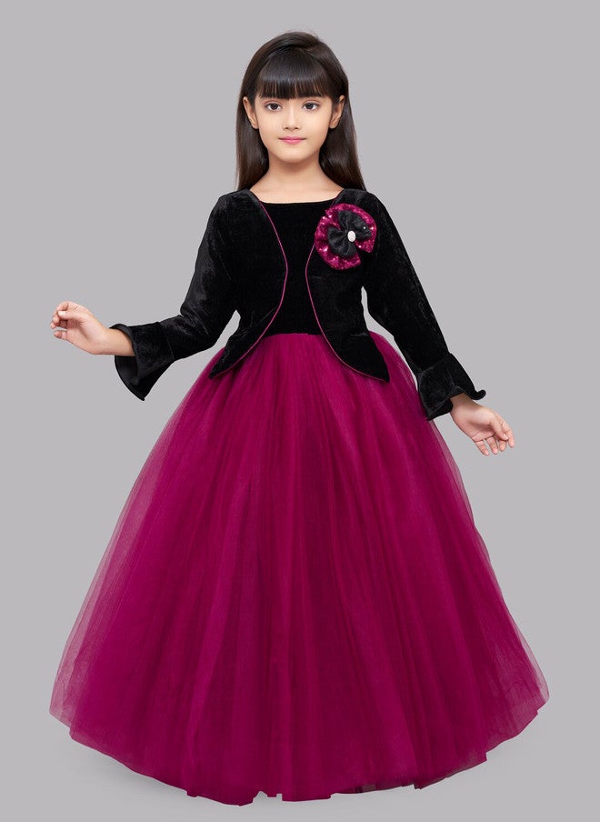 PinkChick فستان ماكسي مخمل أسود ومارون مزين للفتيات - Image 1