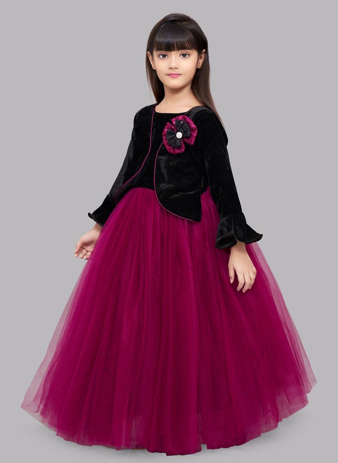 PinkChick فستان ماكسي مخمل أسود ومارون مزين للفتيات - Image 4