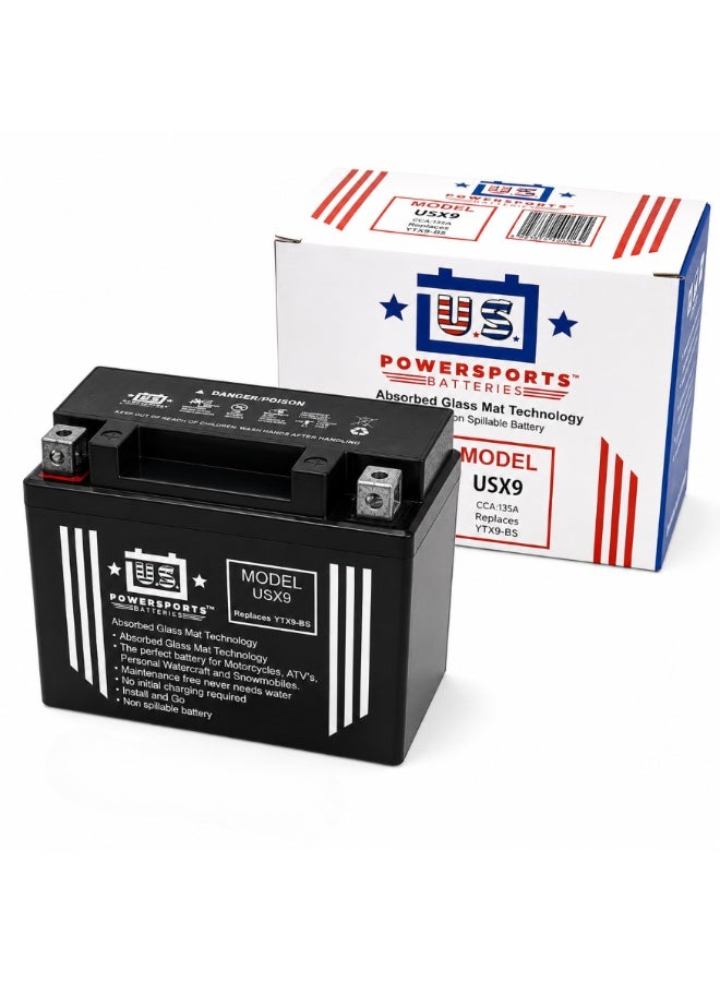US POWERSPORTS AGM Motorcycle Battery 12V 9Ah Maintenance Free Sealed Rechargeable Replacement for YTX9-BS Motorcycle Scooter ATV UTV - Image 1