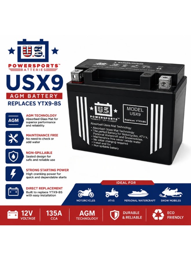 US POWERSPORTS AGM Motorcycle Battery 12V 9Ah Maintenance Free Sealed Rechargeable Replacement for YTX9-BS Motorcycle Scooter ATV UTV - Image 2