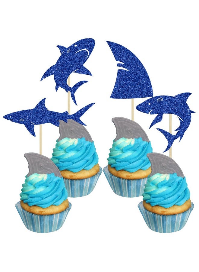 Ephlyn إيفلين 24 قطعة زينة كعكة على شكل سمكة قرش بلمعان أزرق زعانف سمكة قرش لعيد ميلاد الأطفال وزينة حفلات استحمام الأطفال وزينة كعكة بموضوع الحيوانات البحرية أزرق - Image 1
