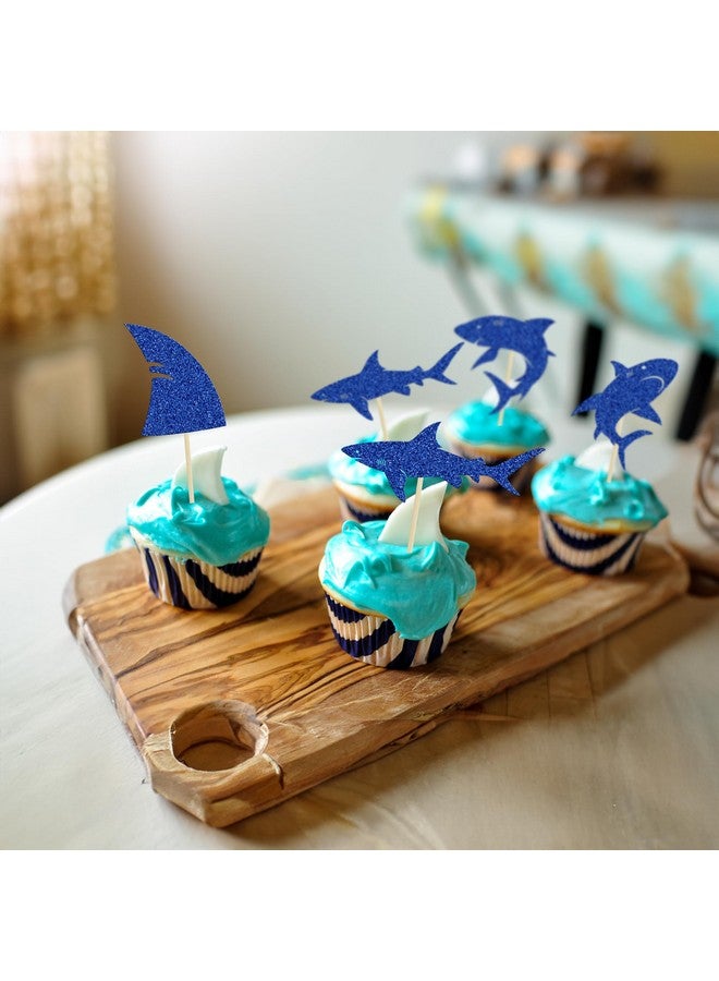 Ephlyn إيفلين 24 قطعة زينة كعكة على شكل سمكة قرش بلمعان أزرق زعانف سمكة قرش لعيد ميلاد الأطفال وزينة حفلات استحمام الأطفال وزينة كعكة بموضوع الحيوانات البحرية أزرق - Image 4
