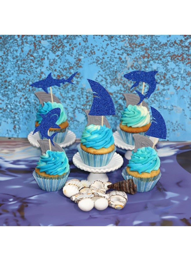 Ephlyn إيفلين 24 قطعة زينة كعكة على شكل سمكة قرش بلمعان أزرق زعانف سمكة قرش لعيد ميلاد الأطفال وزينة حفلات استحمام الأطفال وزينة كعكة بموضوع الحيوانات البحرية أزرق - Image 5