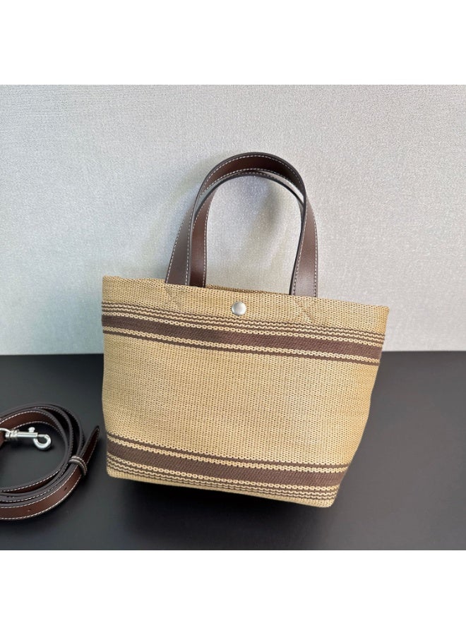 Woven Straw Basket Bag, Striped Fabric Canvas Bucket Tote, Elegant Leather Handle Shoulder Crossbody Bag, Gift for Her - Image 2