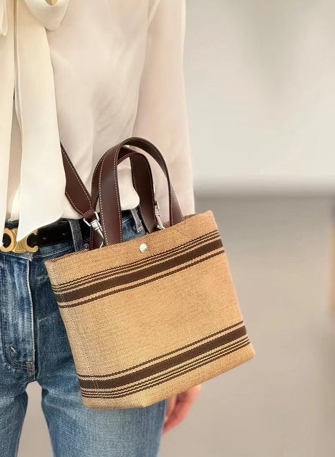 Woven Straw Basket Bag, Striped Fabric Canvas Bucket Tote, Elegant Leather Handle Shoulder Crossbody Bag, Gift for Her - Image 1