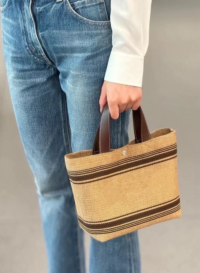 Woven Straw Basket Bag, Striped Fabric Canvas Bucket Tote, Elegant Leather Handle Shoulder Crossbody Bag, Gift for Her - Image 3