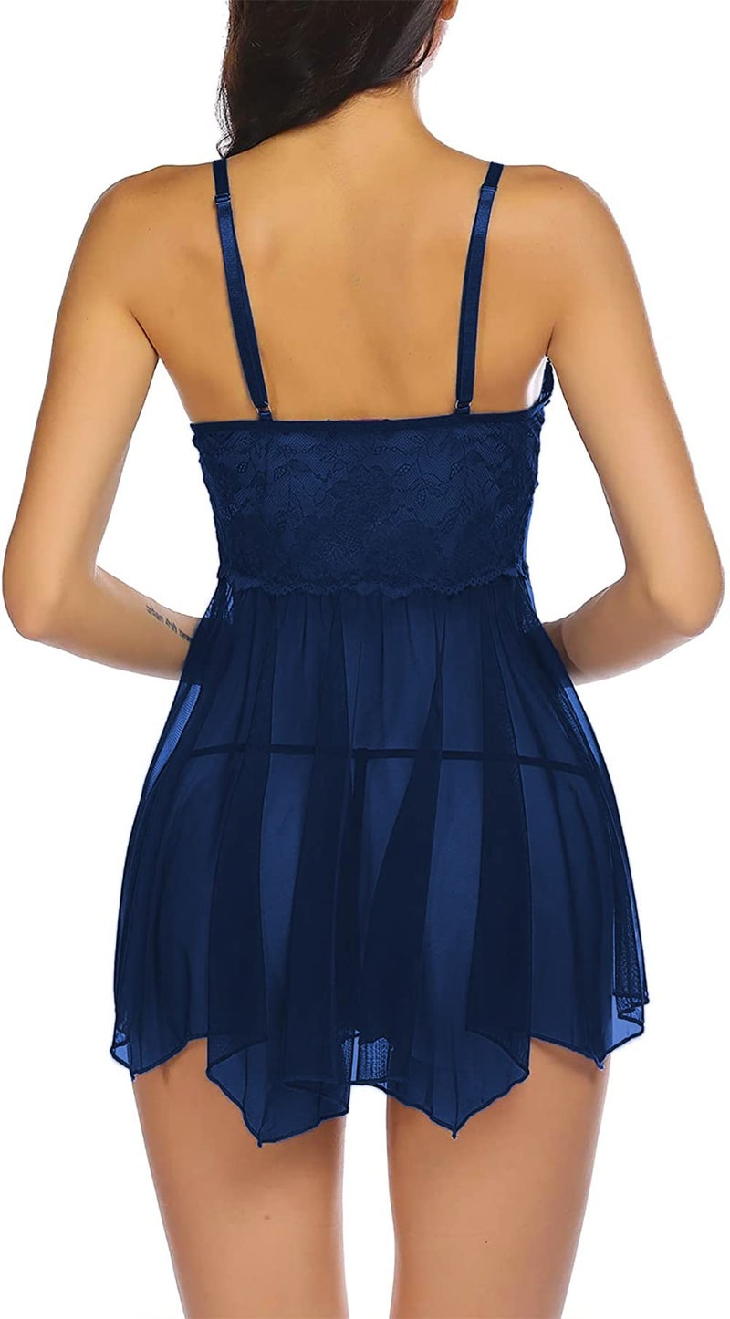 Xs and Os Women Lace Babydoll Nightwear Pleated Style Lingerie with Panty (Navy Blue, X-Large) - Image 4