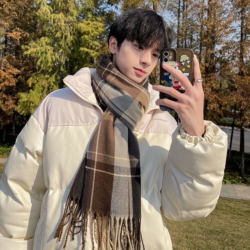 Scarf mens winter Korean style versatile student warm thickened high-end Boys gift trendy fashion elegant mens scarf Haze Blue  - Image 3