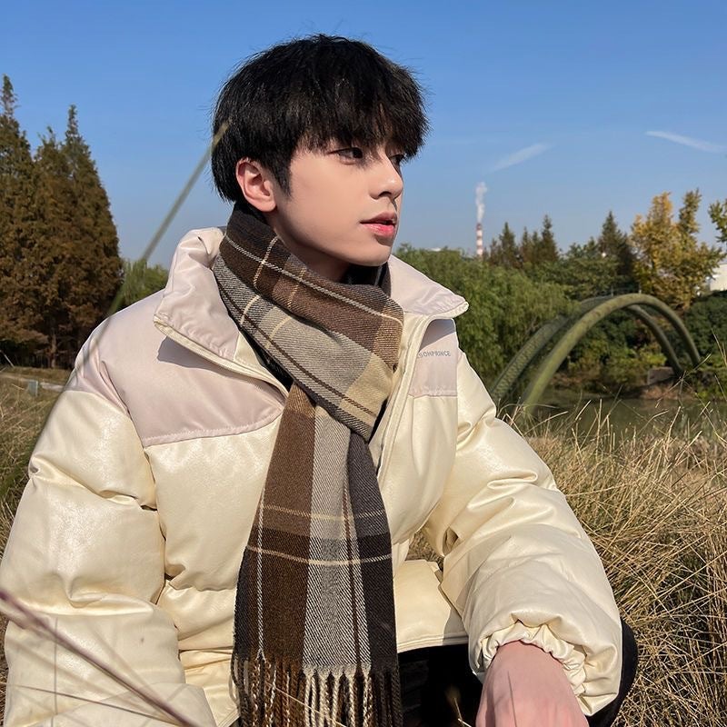 Scarf mens winter Korean style versatile student warm thickened high-end Boys gift trendy fashion elegant mens scarf Haze Blue  - Image 4
