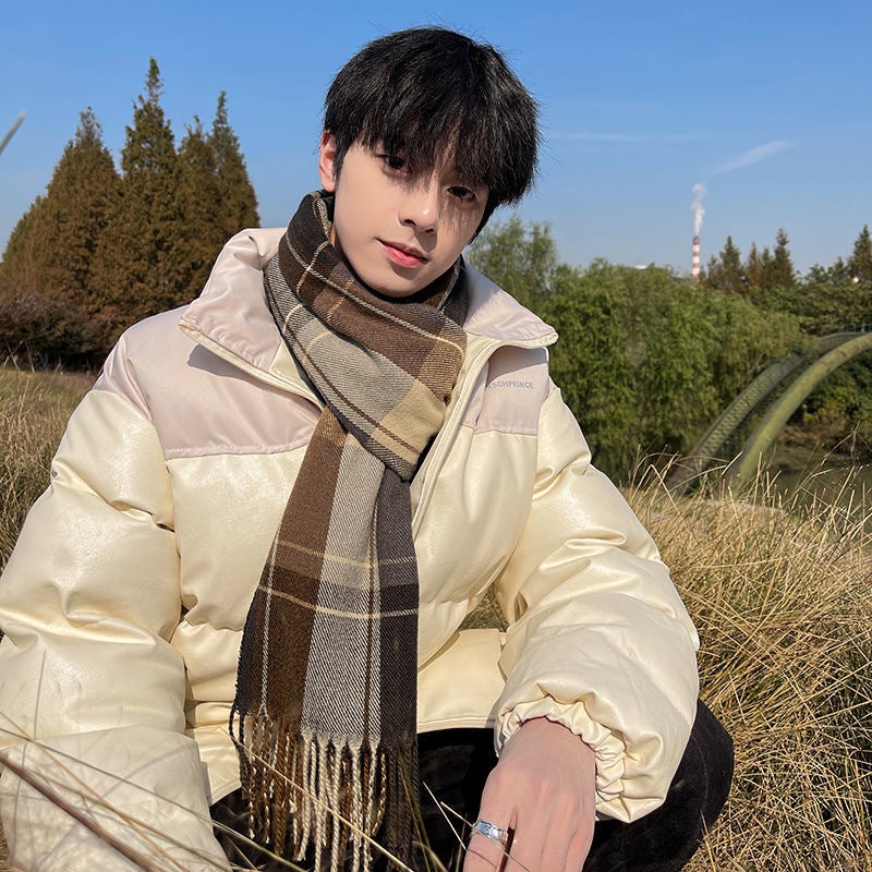 Scarf mens winter Korean style versatile student warm thickened high-end Boys gift trendy fashion elegant mens scarf Haze Blue  - Image 5