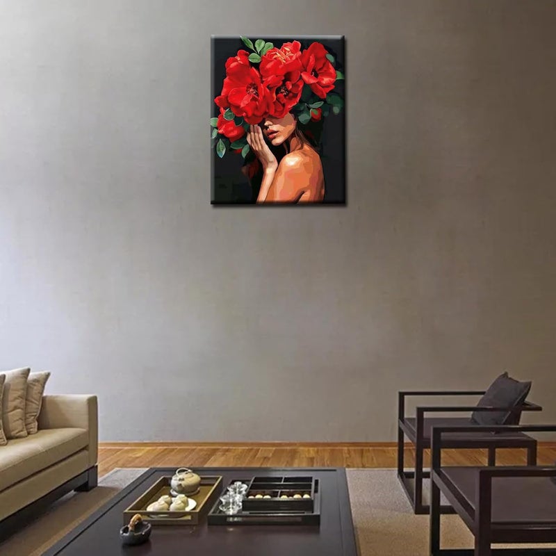 Tucocoo توكوكو نساء مع زهور على الرأس طلاء بالأرقام للبالغين مبتدئين رسم جسم أنثوي طلاء أكريليك وزيت زهرة حمراء مجموعة للديكور المنزلي وهدايا للمهرجان بدون إطار 16W x 20H - Image 2