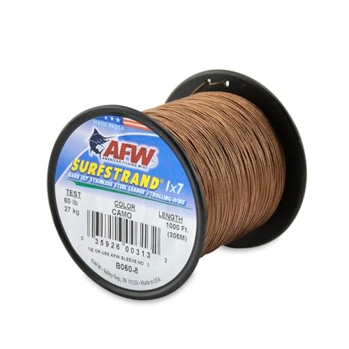 AFW American Fishing Wire Surfstrand, Bare 1x7 Stainless Steel Leader Wire, 60 lb Test, 0.018" Diameter, Camo, 1000 ft - Image 1
