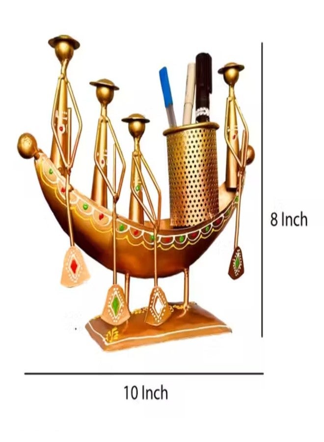 RHEA STORE Antique Metal Boat Pen Stand | 4-Man Rowing Design (Copper Gold) | Vintage Pencil Holder & Desk Organizer for Office Table | Handicraft Corporate Gift & Study Table Showpiece - Image 2