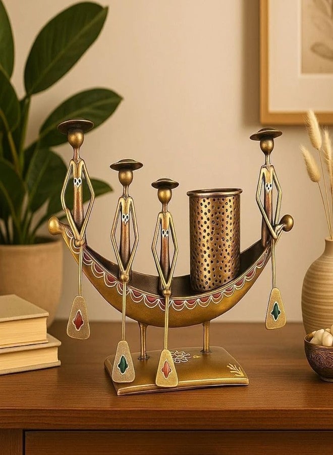 RHEA STORE Antique Metal Boat Pen Stand | 4-Man Rowing Design (Copper Gold) | Vintage Pencil Holder & Desk Organizer for Office Table | Handicraft Corporate Gift & Study Table Showpiece - Image 1