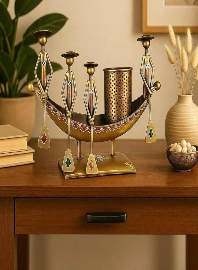 RHEA STORE Antique Metal Boat Pen Stand | 4-Man Rowing Design (Copper Gold) | Vintage Pencil Holder & Desk Organizer for Office Table | Handicraft Corporate Gift & Study Table Showpiece - Image 4
