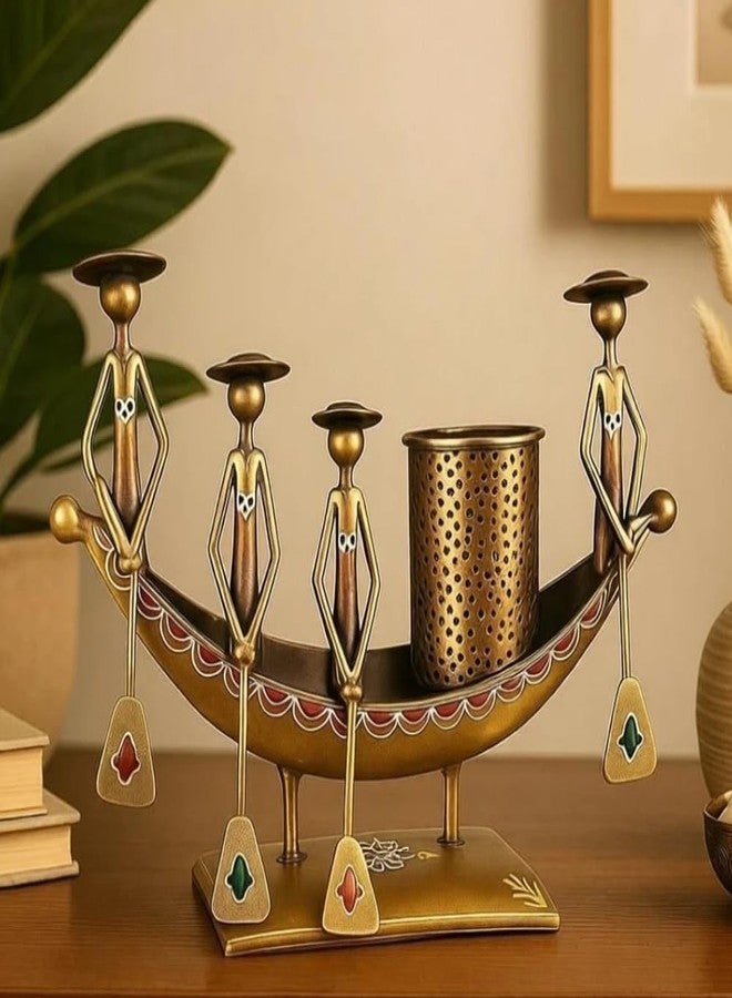 RHEA STORE Antique Metal Boat Pen Stand | 4-Man Rowing Design (Copper Gold) | Vintage Pencil Holder & Desk Organizer for Office Table | Handicraft Corporate Gift & Study Table Showpiece - Image 5