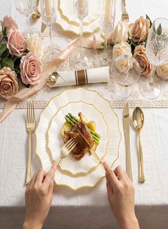 U-QE 175PCS Ivory Gold Plastic Plates - Disposable Dinnerware Set for 50 Guests - Ivory and Gold Plates and Napkins Party Supplies include 50 Plates, 25 Per Rolled Napkins with Gold Cutlery, 25 Cups - Image 5