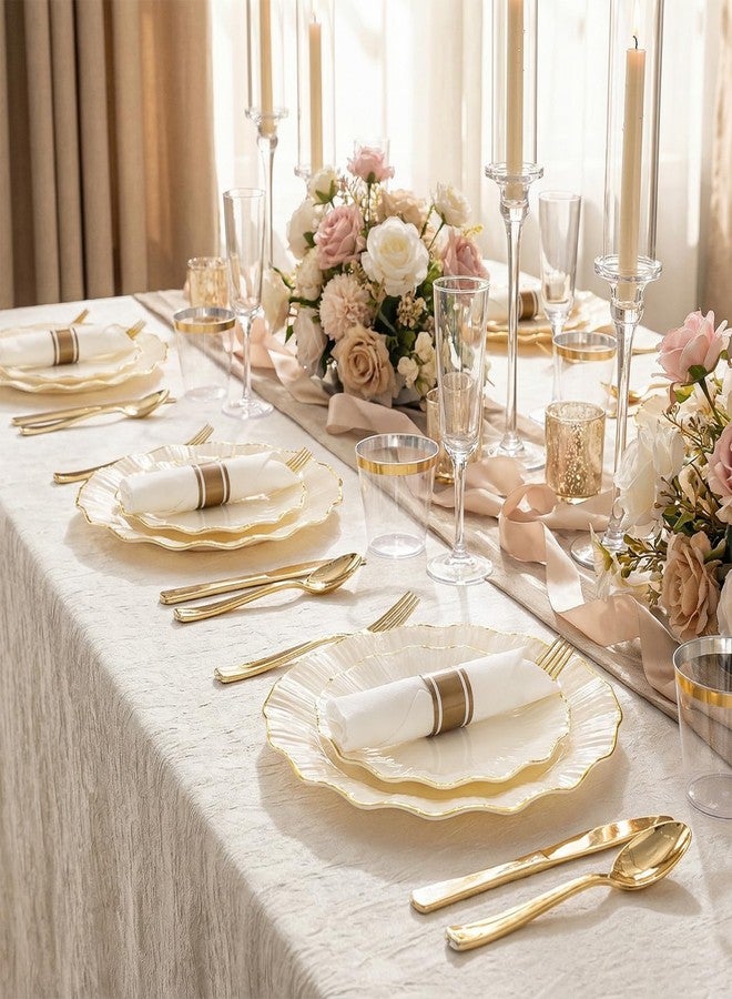 U-QE 175PCS Ivory Gold Plastic Plates - Disposable Dinnerware Set for 50 Guests - Ivory and Gold Plates and Napkins Party Supplies include 50 Plates, 25 Per Rolled Napkins with Gold Cutlery, 25 Cups - Image 4