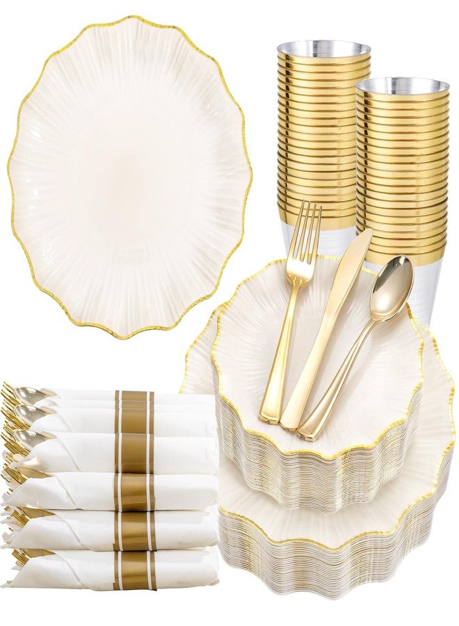 U-QE 175PCS Ivory Gold Plastic Plates - Disposable Dinnerware Set for 50 Guests - Ivory and Gold Plates and Napkins Party Supplies include 50 Plates, 25 Per Rolled Napkins with Gold Cutlery, 25 Cups - Image 1