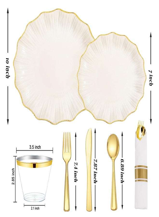 U-QE 175PCS Ivory Gold Plastic Plates - Disposable Dinnerware Set for 50 Guests - Ivory and Gold Plates and Napkins Party Supplies include 50 Plates, 25 Per Rolled Napkins with Gold Cutlery, 25 Cups - Image 2