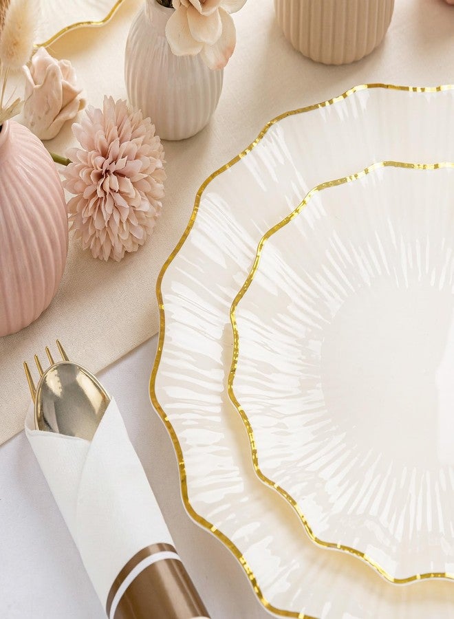 U-QE 175PCS Ivory Gold Plastic Plates - Disposable Dinnerware Set for 50 Guests - Ivory and Gold Plates and Napkins Party Supplies include 50 Plates, 25 Per Rolled Napkins with Gold Cutlery, 25 Cups - Image 3