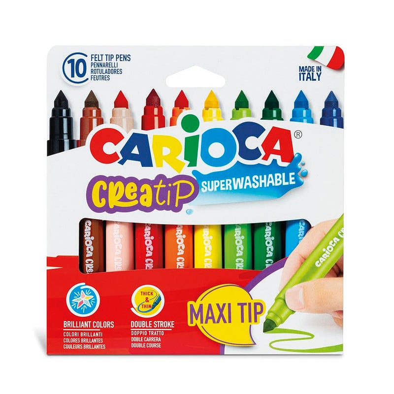 CARIOCA Creatip Washable Markers for Kids 10 Felt Tip Pens Double Stroke Maxi Tip Super Washable NonToxic Blocked Tip with Ventilated Cap Ideal for Christmas Gifts Made in Italy - Image 2
