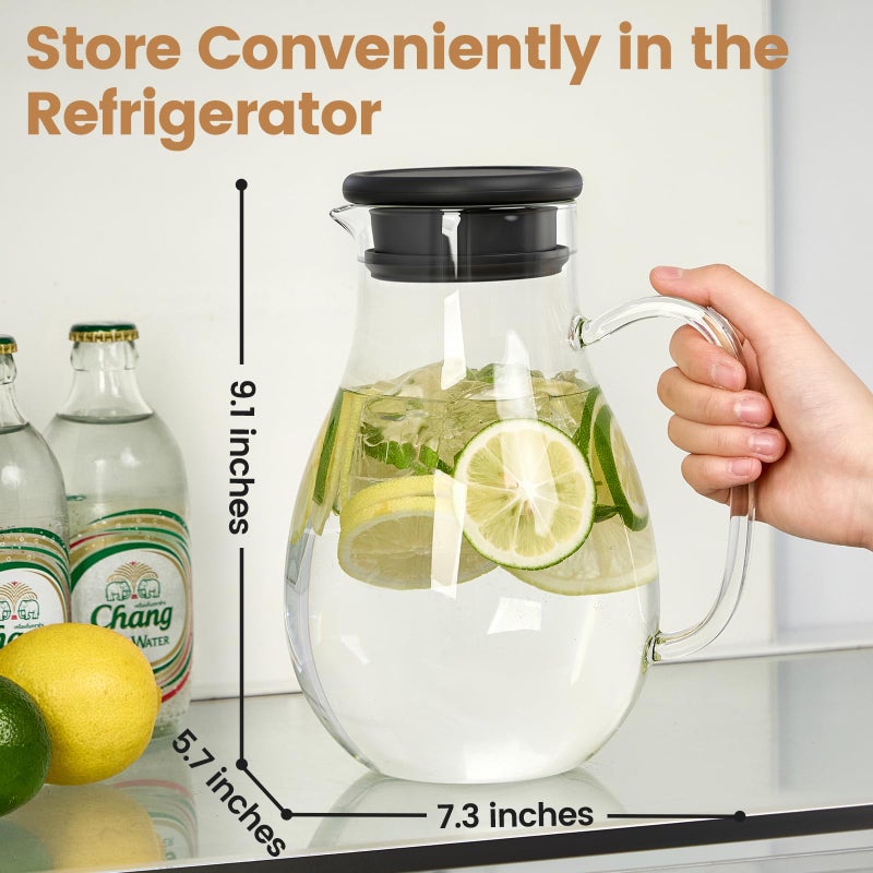 Spreccio Glass Pitcher with Lid, 68 oz(1/2 Gallon), Hot/Cold Glass Water Jug with Silicone Lid, Borosilicate Glass Carafe Wide Mouth Juice and Iced Tea Beverage Serveware (Round) - Image 3
