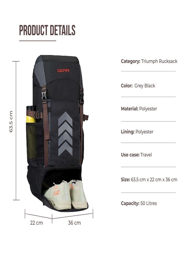 Gear Triumph 50L Extra Large Water Resistant Rucksack/Travel bag/For Men & Women(Grey - Black) - Image 3