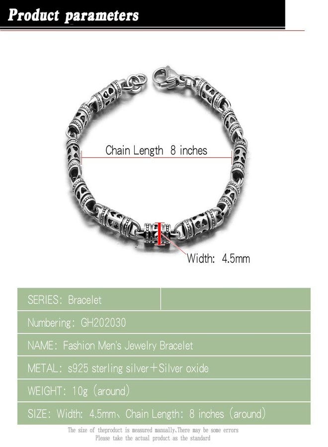 Dankadi Vintage Men100% 925 Sterling Silver Bracelet Punk hip-hop male Solid pure silve 7-8 inches Chain Hand catenary Jewelry, 8 inches, Silver - Image 2