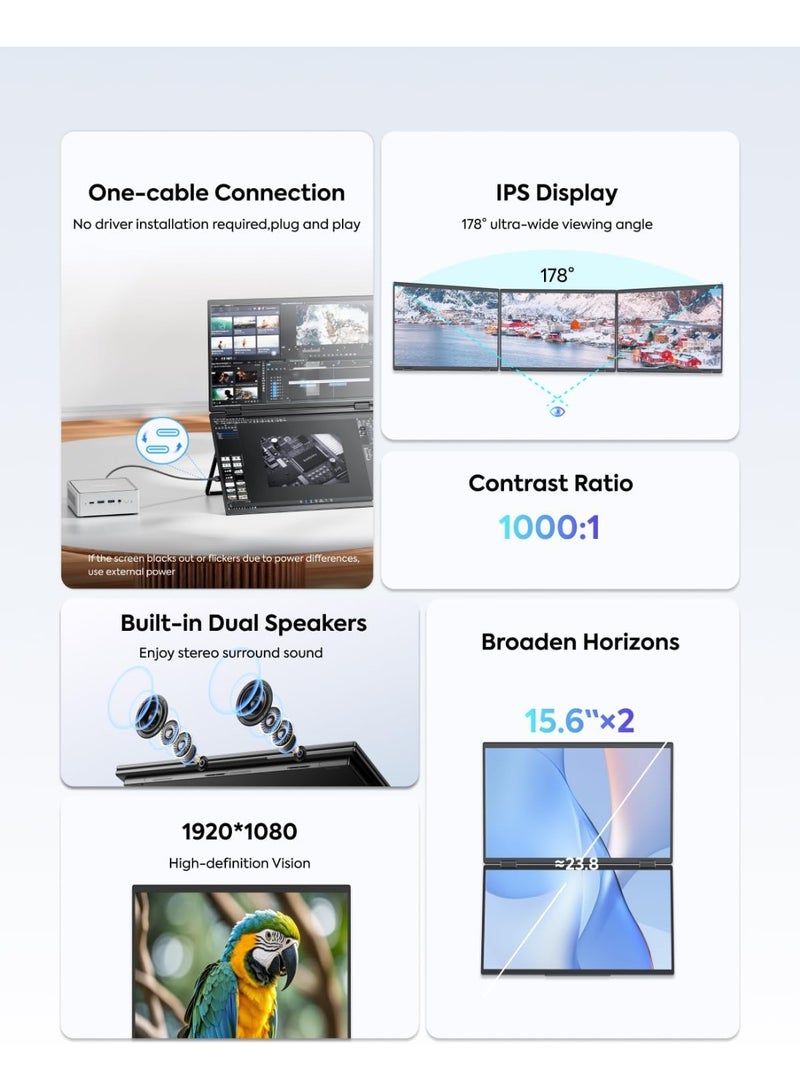 15.6" Dual-Screen Portable Monitor – FHD 1080P Laptop Extender with USB-C/HDMI, Foldable Design, 180° Rotation, Built-in Speakers for Windows & Mac - Image 4