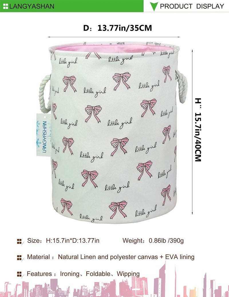 LANGYASHAN Laundry Basket Canvas Collapsible Organizer Storage Basket for Boys Girls Laundry Hamper Toy Bins Gift Baskets Bedroom Clothes Children Nursery (Bowknot) - Image 2