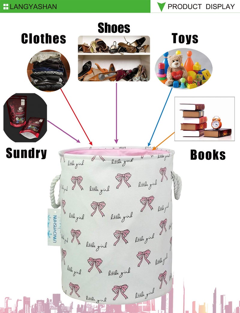 LANGYASHAN Laundry Basket Canvas Collapsible Organizer Storage Basket for Boys Girls Laundry Hamper Toy Bins Gift Baskets Bedroom Clothes Children Nursery (Bowknot) - Image 3